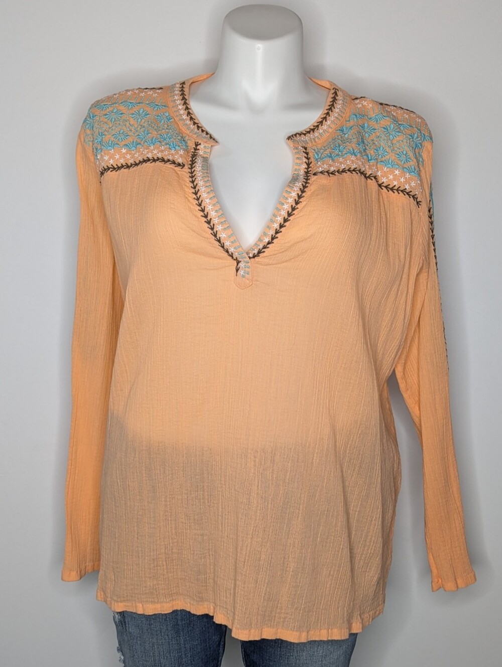Margaritaville Orange Blue Sheer Embroidered Boho Peasant Hippie Cotton  Blouse